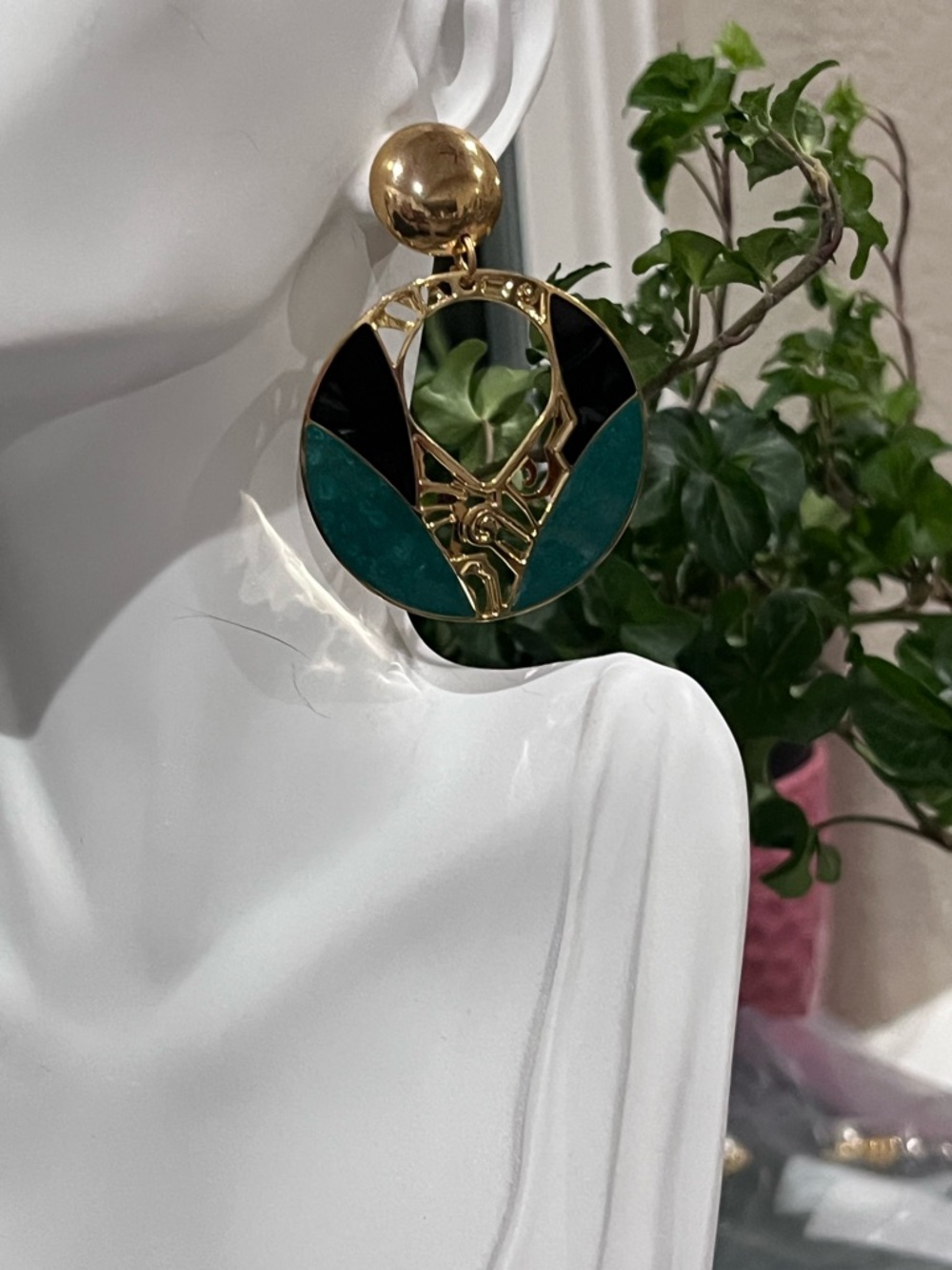 Gold, Black and Teal Round Statement Earrings - designer Edgar Berebi signed